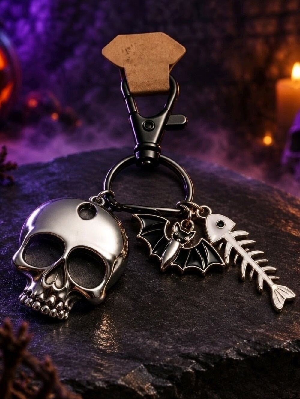 Halloween Skull Fish Bones Bat Handcrafted Zipper Purse Bag Charms Clip Keychain